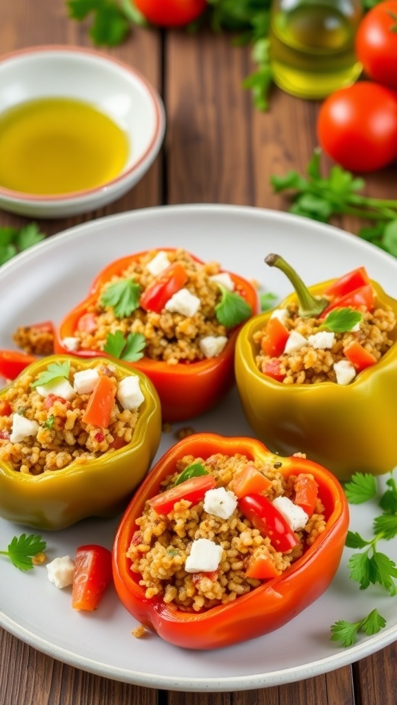 Baked stuffed peppers filled with quinoa, tomatoes, and feta cheese, garnished with parsley on a rustic table.